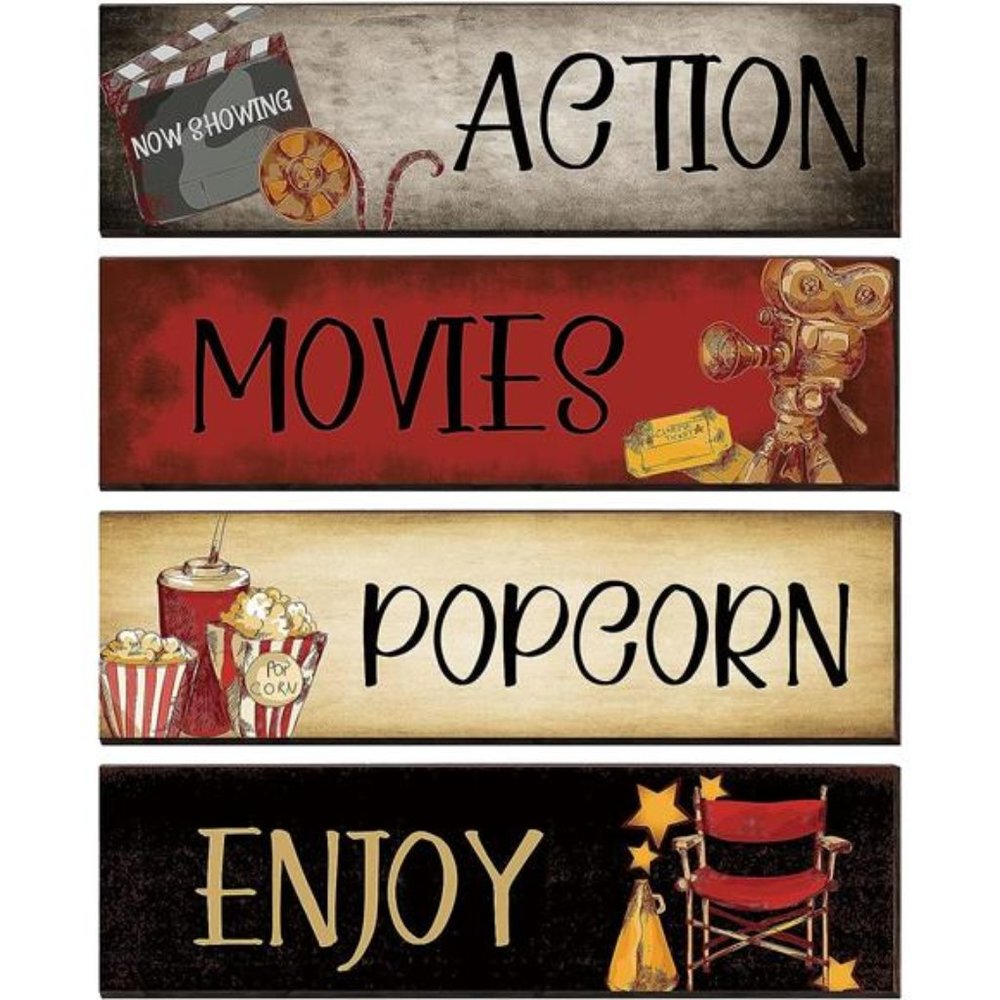 Movie Theater Decor 4 Pieces Wooden Home Theater Decor Vintage for Home Popcorn